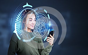 Woman with phone and biometric scanning, digital hologram