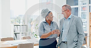 Woman, phone and businessman for social media, laughing and funny meme in finance office. Happy senior executive, black