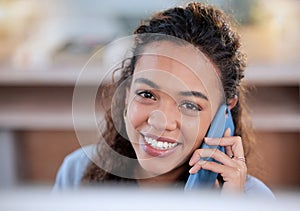 Woman, phone call and portrait at computer in office, conversation and networking on app. Female person, secretary and