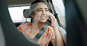 Woman, phone call and road trip in car with talk, chat or conversation by window, journey or travel. Girl, smartphone