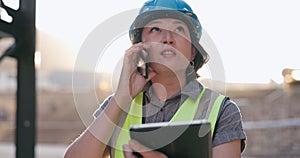 Woman, phone call and tablet, construction worker and inspection of building site for project management. Architecture