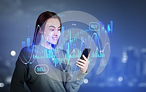 Woman with phone in hands, stock market hologram and city view