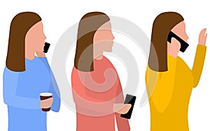 Woman with a phone in her hand, talking on the phone. Set of vector illustrations on the theme of mobile communications