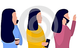 Woman with a phone in her hand, talking on the phone. Set of vector illustrations on the theme of mobile communications