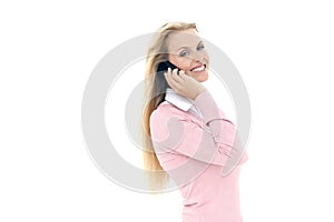 Woman on the phone - isolated on white