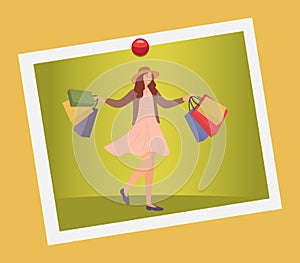 Woman on the photo standing with shopping bags and posing. Girl jumps and picks up packages