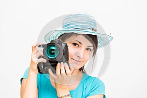 Woman photographer with camera