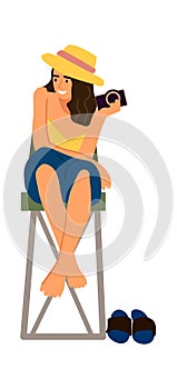 Woman photographer. Cartoon female holding camera. Young character sitting at high chair. Happy barefoot girl taking