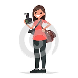 Woman photographer holding a camera on a white background. Vector illustration in a flat style