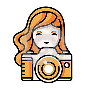 Woman photographer. Outlined vector illustration of a girl photographer with a dslr or mirrorless camera.