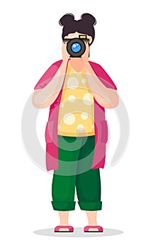 Woman photographer taking photo with reflex camera, cartoon vector character at white background