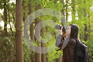 Woman photographer working in nature