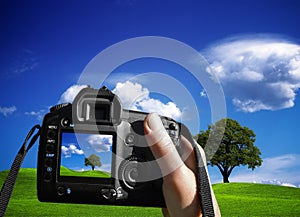 Woman photographing landscape photo