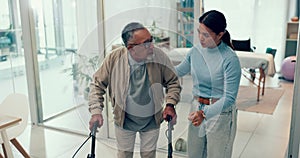 Woman, physiotherapist and senior patient with walker in elderly care for helping movement or walking at clinic. Female