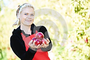 Woman picker portrait in apples orchard