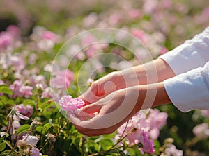 Field of roses in sunny summer day