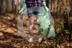 Woman picking up dump on dirty forest