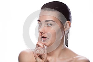 Woman Picks Her Nose Finger. Embarrassment