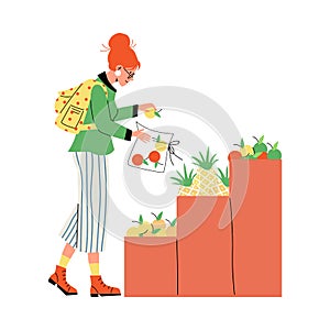 Woman picks vegetables in sewn eco bag flat vector illustration isolated.