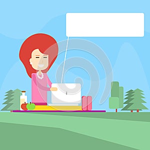 Woman Picnic In Park Use Laptop Computer Chat Bubble