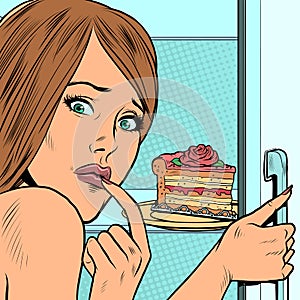 a woman with a piece of cake near the refrigerator. The temptation of dessert