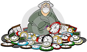 Woman in a pile of clocks setting the time