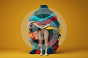 woman with a pile of clothes, concept of shopoholic, created with Generative AI technology