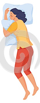 Woman with pillow. Girl sleep in bed, vector illustration