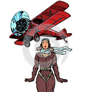 Woman pilot of a vintage biplane airplane. isolate on white background