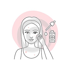 Woman with pimply skin on face applying serum with cotton pad for acne treatment photo