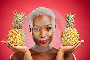 Woman, pineapple and studio portrait for skincare, beauty and diet for wellness, health and red background. African