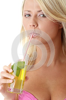 Woman in pink bikini with cold drink