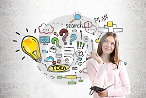 Woman in pink and business plan