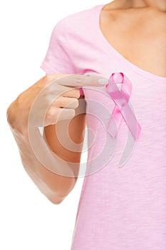 Woman with pink cancer awareness ribbon