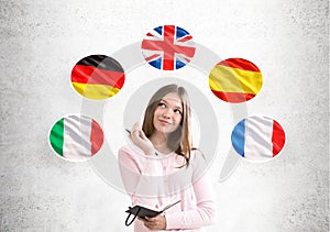 Woman in pink and country flags