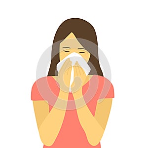 A woman in pink dress sneezing in handkerchief. Sick woman sneeze. Season allergy.