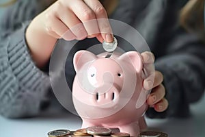 Woman with pink piggy bank puts coin in, inflation prices rising idea