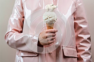 Woman In Pink Raincoat Holding Melting Ice Cream Cone With White Polar Bear. Global Warming Problem, Climate Change And Pollution
