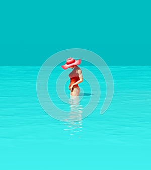 Woman in a Pink Red Summer Hat Swimsuit Turquoise Blue Ocean Christmas Summer Holiday Paradise Beach Island