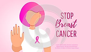 Woman with pink ribbon on light pink background, closeup. Breast cancer awareness concept