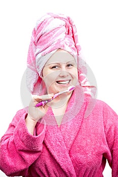 Woman in pink with tooth brush