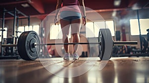 A woman in a pink top is standing next to two barbells, AI