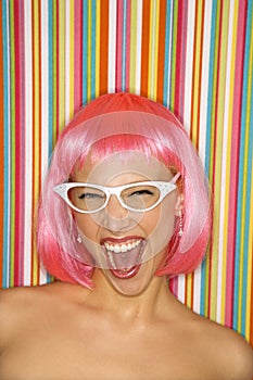 Woman in pink wig.