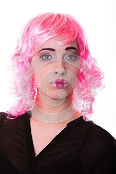 Woman with pink wig creative visage portrait