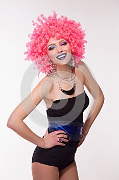 Woman in pink wig with silver ball