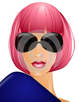 Una mujer en rosa una peluca gafas de sol 