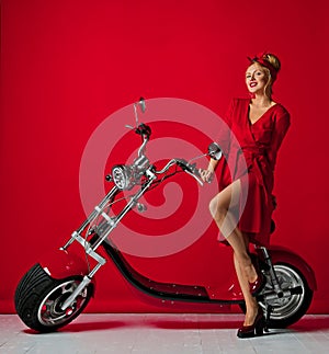 Woman pinup style ride new electric car motorcycle bicycle scooter present for new year 2019