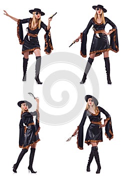 The woman pirate in various poses on white