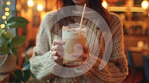 A woman in a plaid dress shirt holding a glass of iced coffee with a straw