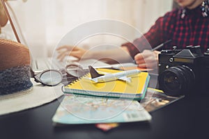 Woman planning next journey searching information online